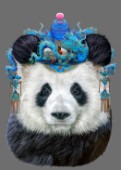 A royal looking panda with an ornate blue crown