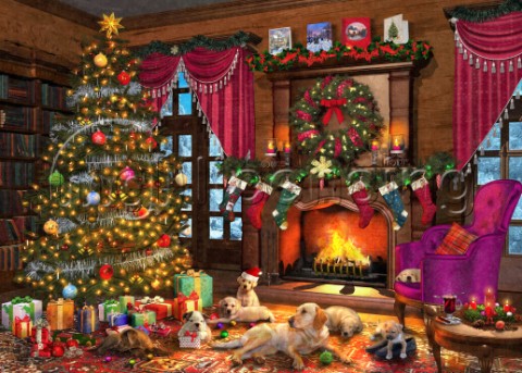 A Christmas fireplace surrounded by puppies