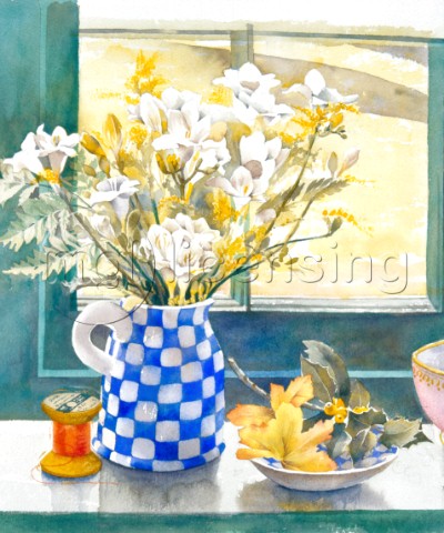 Freesias and chequered jug