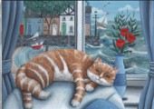 Grey Cat Asleep in Window (variant 1)