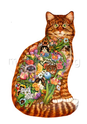A shaped Tabby Cat filled with a montage of cats peeking through garden flowers Based on the origina