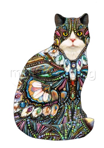 A shaped cat filled with jewels feathers an fabrics