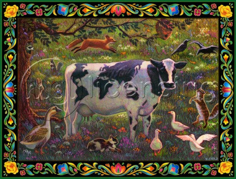 Whimsical scene of a Cow with a body map of the world and farm friends