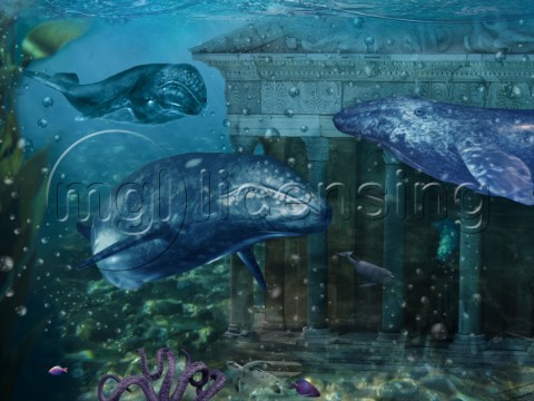 Underwater fantasy temple beneath the sea featuring whales dolphins fish in an undersea garden of ma