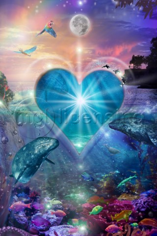 Seascape with bright colors underwater view and sunset heart love spirit angels goddess  new age age