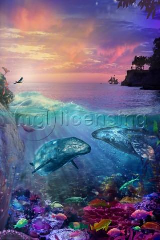 Seascape with bright colors underwater view and sunset