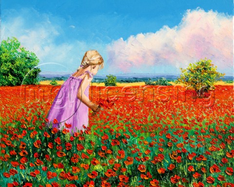 Little girl gathering poppies
