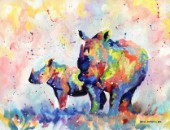Rhino and baby in multicolour painted in oil paints on canavs