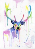 Red deer stag in multicolour in watercolours