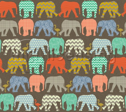 geometric pattern filled elephants and flamingos on linen texture no pink