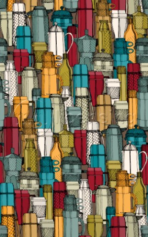 repeating pattern  retro illustrated coffee flasks and cups