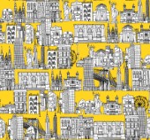 repeating pattern ~ Ink illustrated hotchpotch of New York city landmarks, monuments and buildings