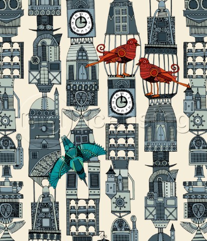 steampunk inspired birds and architectural towers  also available as a repeating pattern