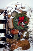 Stone Farm Gate with Chickadees and Christmas Wreath