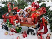 5760-Christmas Presents and Dog in Red Wagon on Snow