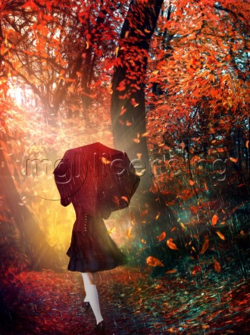 Woman With Umbrella In Forest Variant 1