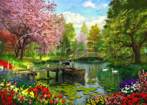 A small lake surrounded by flowers
