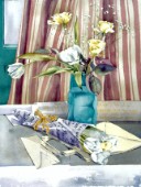 Roses, tulips and striped curtains