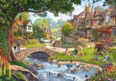 Vilage scene with a stream and stone bridge with children playing and lots of characters.