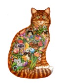 A shaped Tabby Cat filled with a montage of cats peeking through garden flowers. Based on the original Tapestry Cat.