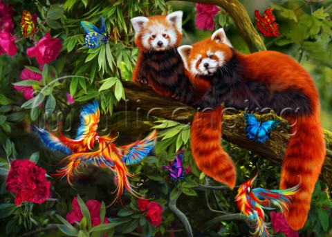 Two red pandas surrounded by butterflies in fantasy wood