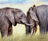 Oil on canvas oil painting of two African elephants