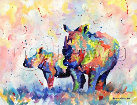 Rhino and baby in multicolour painted in oil paints on canavs