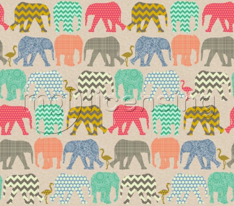 repeating pattern  geo baby elephants and flamingos on linen texture background