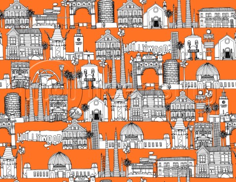 repeating pattern  Ink illustrated hotchpotch of Los Angeles city landmarks monuments and buildings