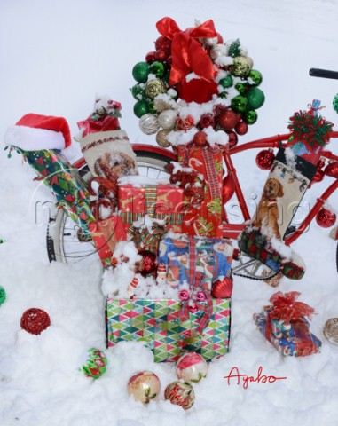 4953Christmas Presents and  red Bicycle on Snow