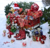 5966-Christmas Presents in Red Wagon on Snow
