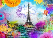 The Eiffel Tower surrounded by vibrant, colorful pop art textures and colors in collage