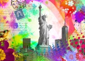 The Statue of Libery in New York surrounded by vibrant, colorful pop art textures and colors in collage